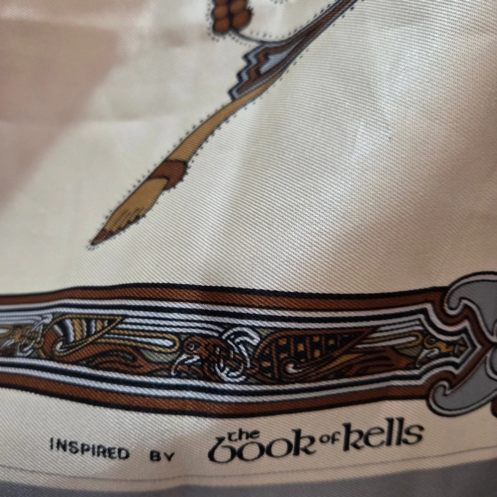 The Book of Kells Inspired Celtic Knotwork Square Scarf Cream Grey Gold Scarf